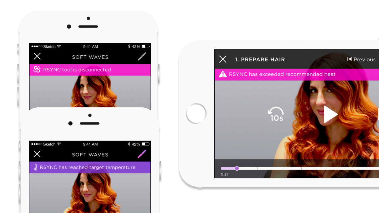 In-app messaging for device disconnection, optimal temperature reached, and a warning when the tool exceeds optimal temperature